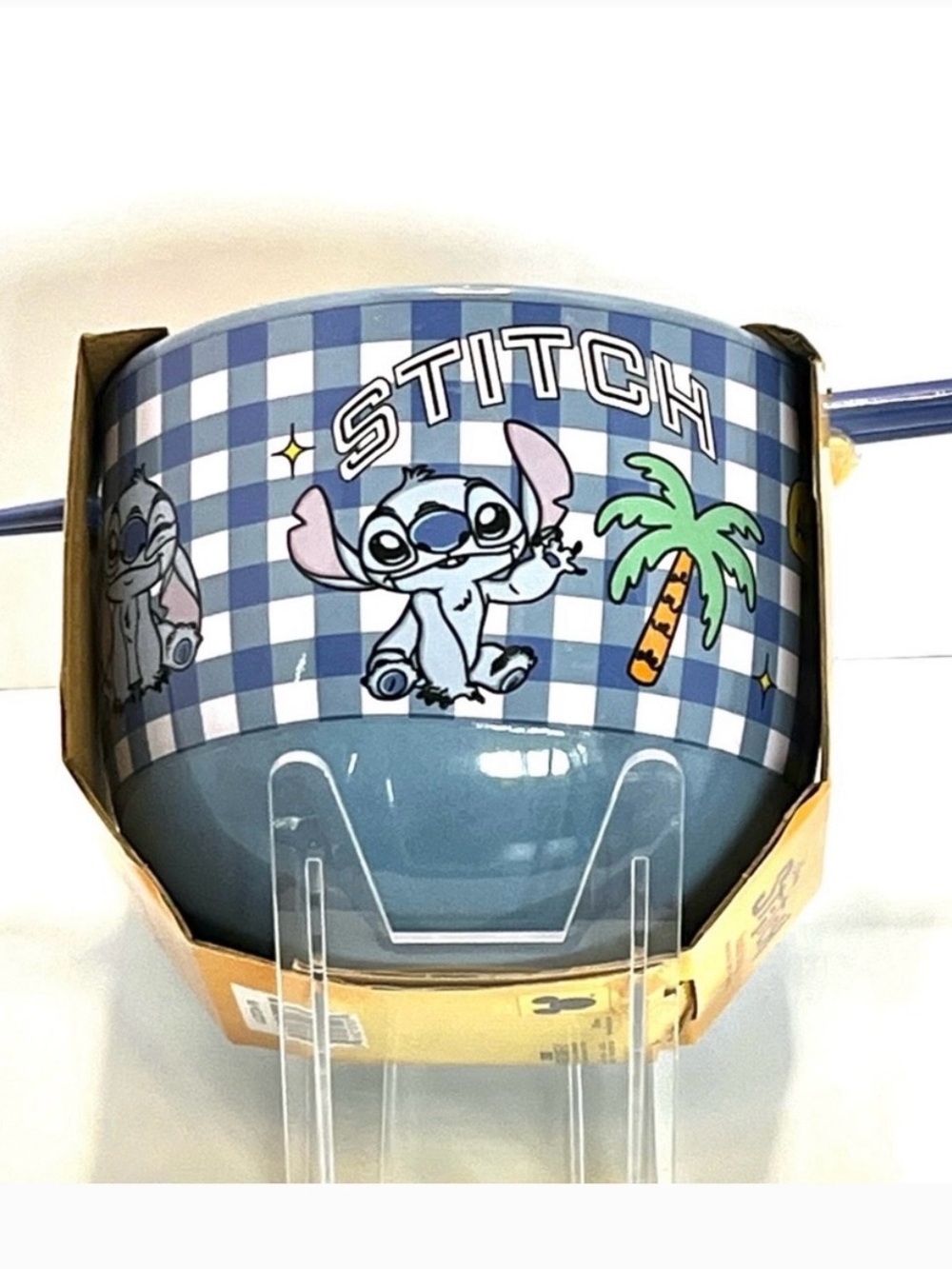 NWT Stitch Aloha Blue Checkered Bowl with Chopsticks - Picture 6 of 9